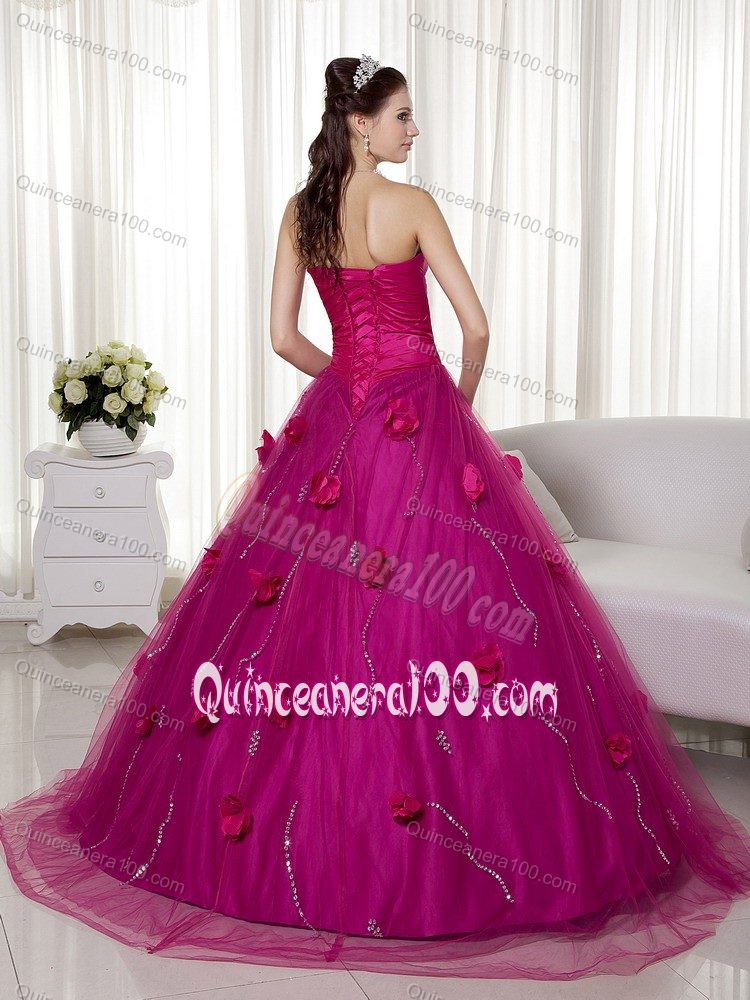 Fuchsia Ruched Beading Quinceanera Dresses with 3D Flowers