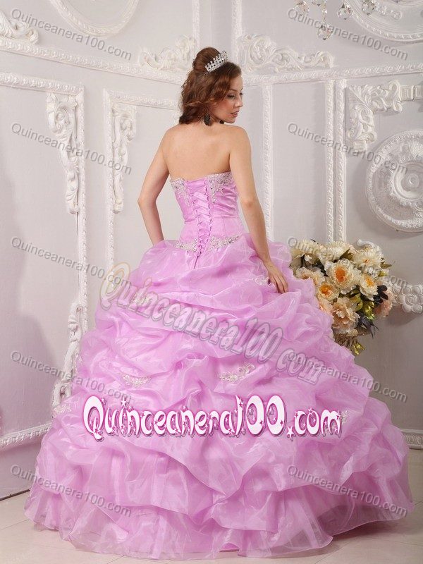 Chic Strapless Lilac Appliqued Dress for Quince with Pick-ups