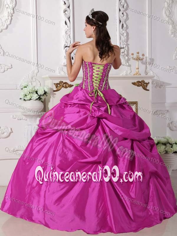 Fuchsia Strapless Beaded Quinceanera Gowns Hand Made Flowers