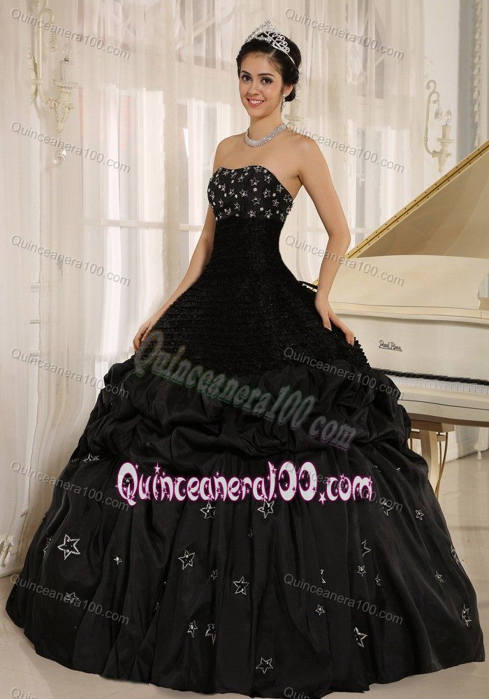 Strapless Pick Ups Appliqued Ball Gown Black Sweet 16 Dresses