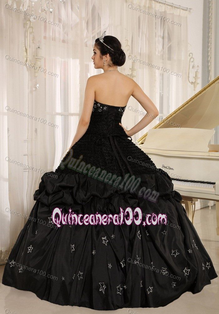 Strapless Pick Ups Appliqued Ball Gown Black Sweet 16 Dresses