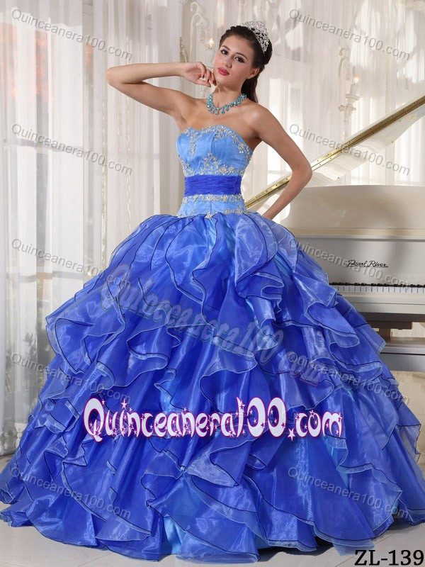 Sapphire Blue Ball Gown Dress for Quince with Appliques Ruffles ...