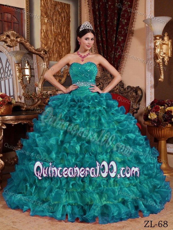 Beaded and Ruched Teal Ball Gown Sweet 15 Dresses with Ruffles ...