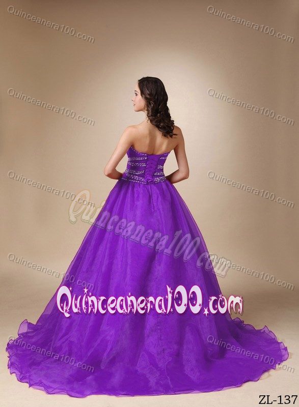 Fabulous Purple Sweetheart Brush Train Beaded Quinceanera Dress