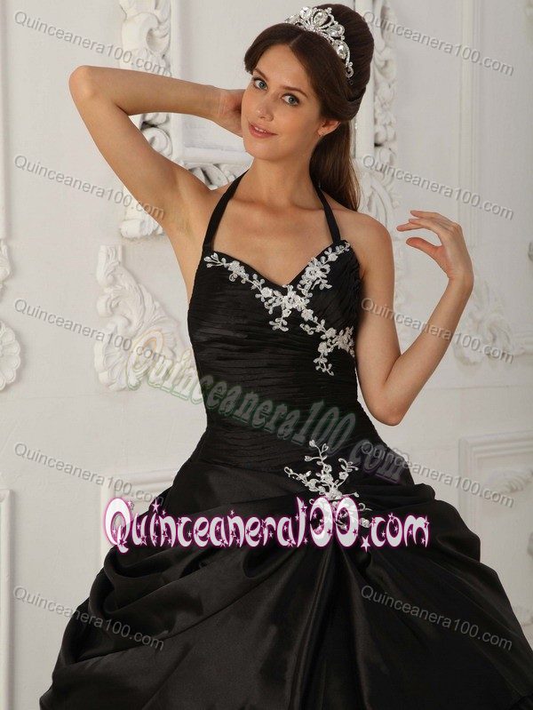 Pretty Haltered Black V-neck Appliqued Quinceanera Gown on Sale