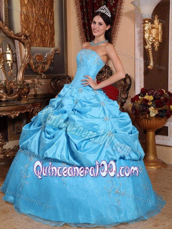 Strapless Appliqued Blue Colored Quinceanera Dresses with Pick-ups