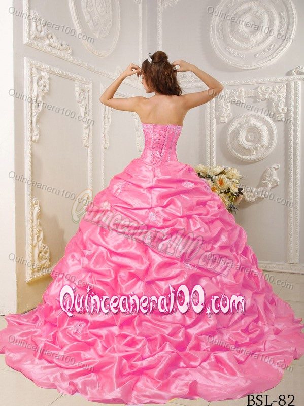 Court Train Quinceanera Dress in Pink with Appliques Pick-ups