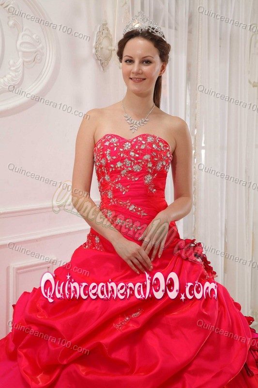 Hand Made Flowers Appliques Red Quinceanera Dress Sweetheart