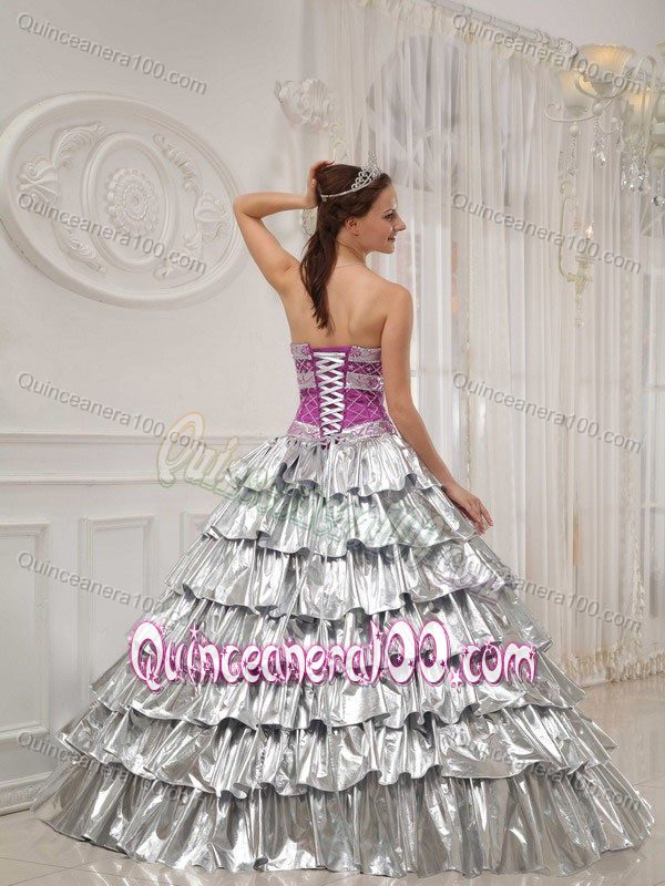 Beaded Fuchsia and Silver Ruffled Layers Quinceanera Gown Dress