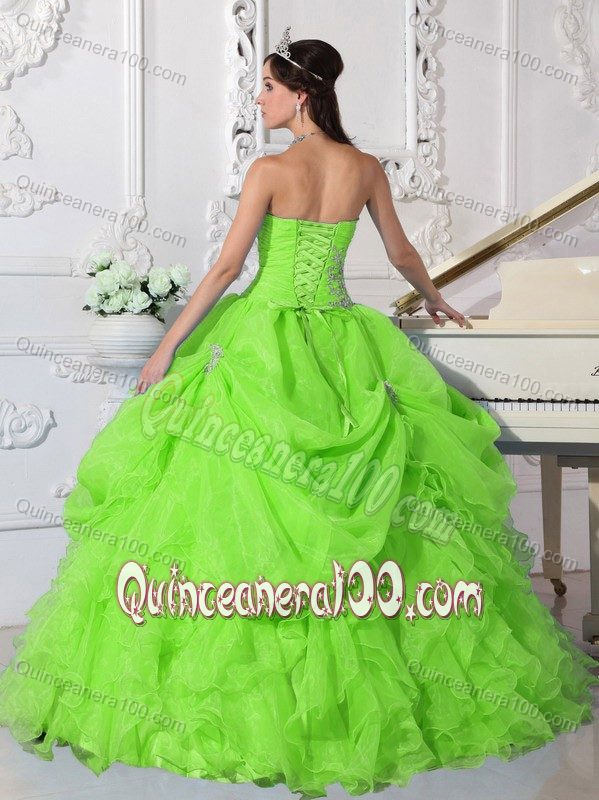 Appliqued and Ruffled Spring Green Sweet Sixteen Quinceanera Dress