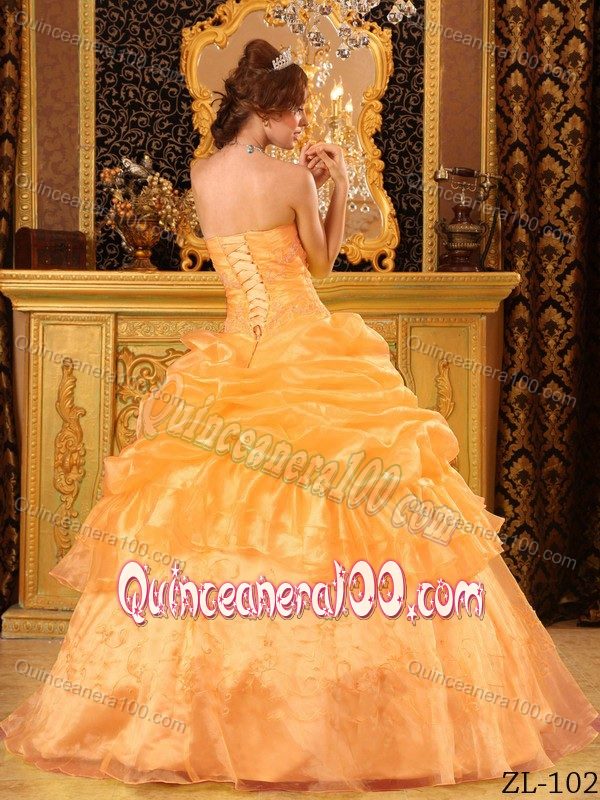 Discount Strapless Ruffled Appliqued Orange Dress for Sweet 15