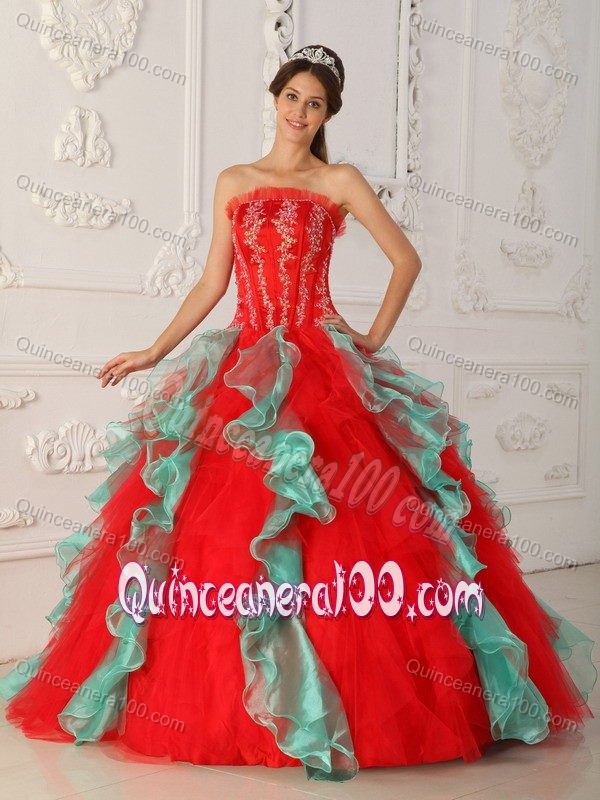 Red and Green Strapless Quinceanera Dress with Appliques and Beading