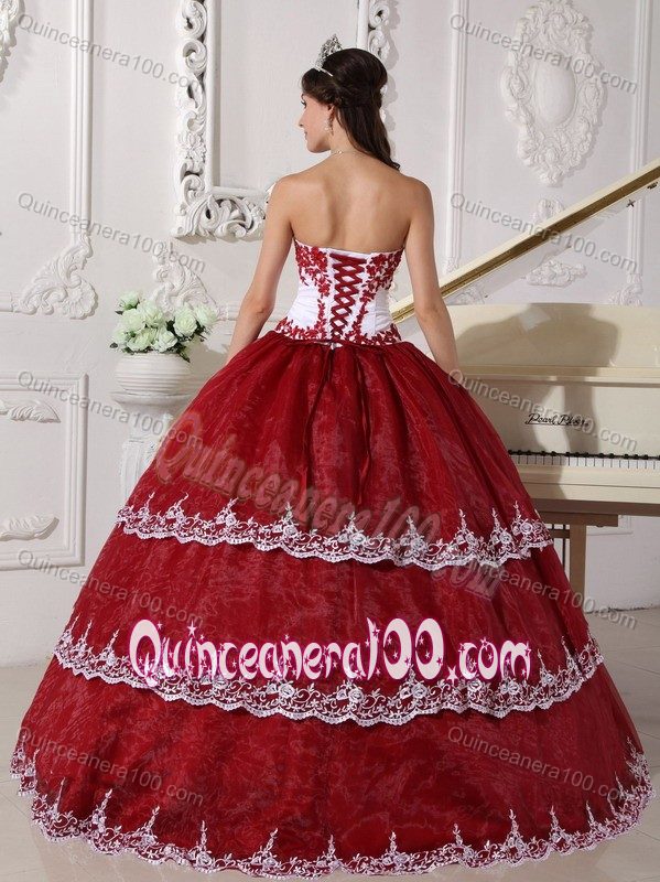 Wine Red and White Strapless Quinceanera Dress with Appliques and Layers