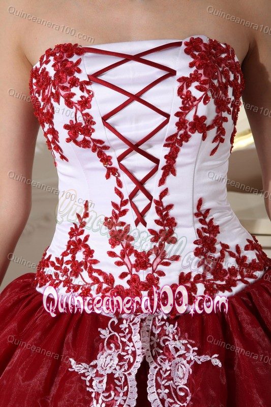 Wine Red and White Strapless Quinceanera Dress with Appliques and Layers