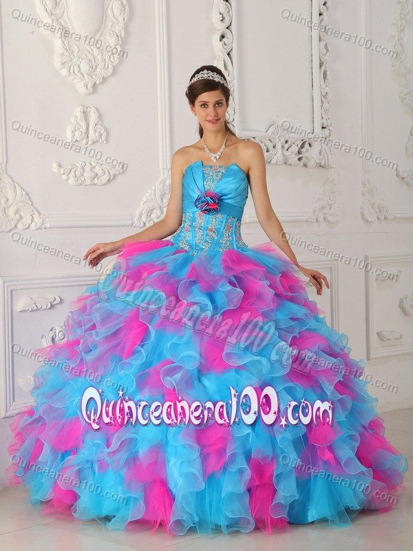 Blue and Pink Sweet 16 Quinceanera Dresses with Appliques and Flowers ...