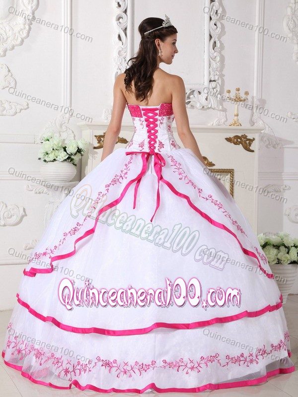 White and Hot Pink Strapless Dress For Quinceanera with Boning Details