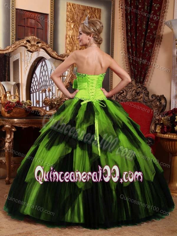Neon Green and Black Quinceanera Gown with Bow and Ruffled Skirt Keyshia Coles dress