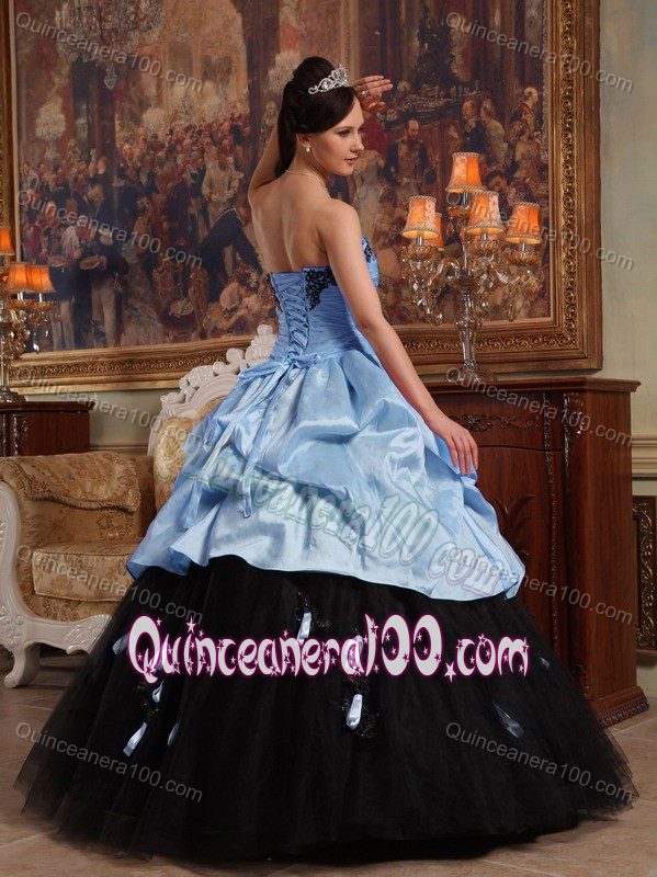 Light Blue and Black Quinceanera Gown with Pick Ups and Ruched bodice