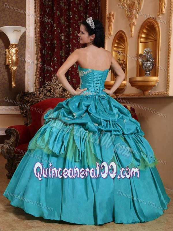 Teal Taffeta Strapless Quinceanera Gown Dress with Appliques and Pick ...