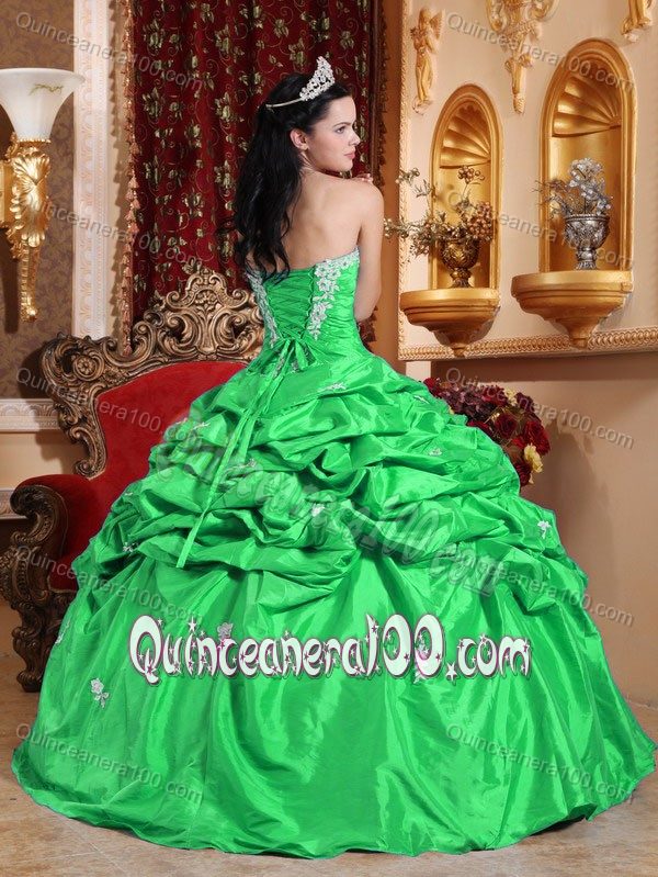 Discounted Green Strapless Quinceanera Gown with Appliques and Pick Ups
