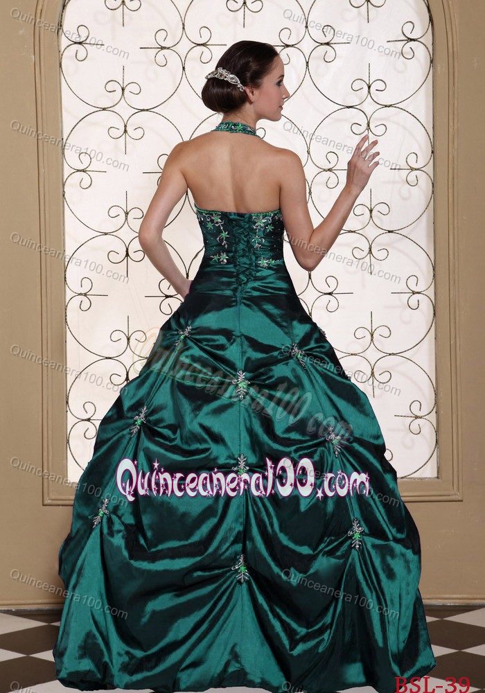 Hunter Halter Top Beading Appliqued Quinceanera Dresses with Pick-ups