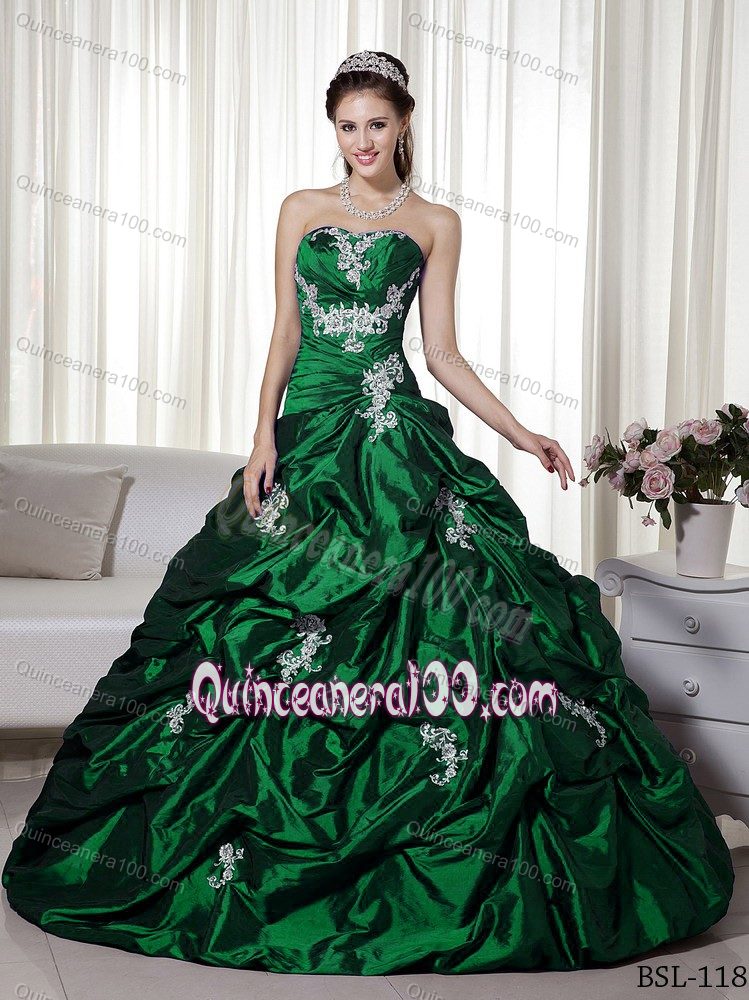 forest Green Appliqued Dresses for a Quince with Pick-ups - Quinceanera 100