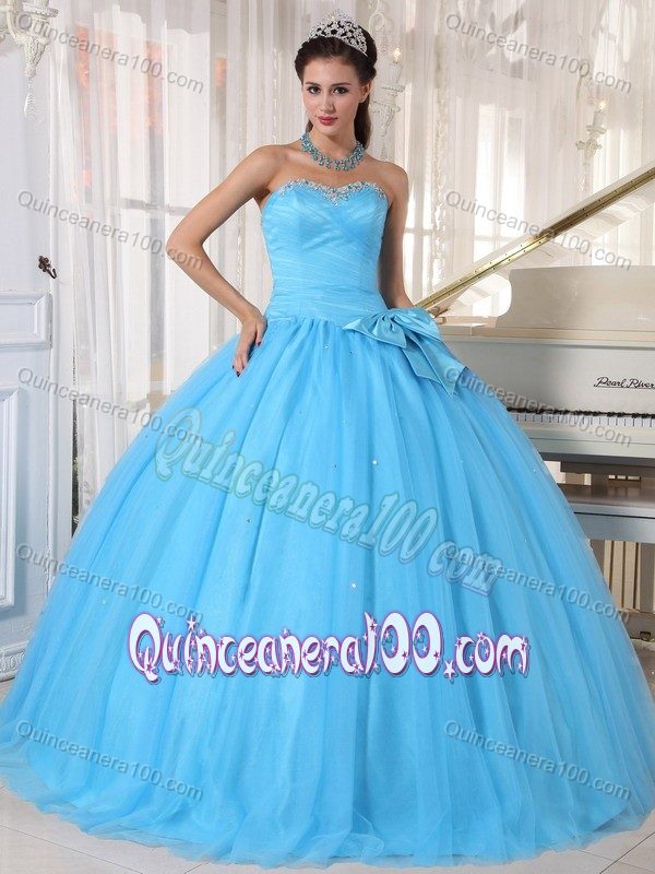 Aqua Blue Beading Dress for Quince with Bowknot and Pleats ...