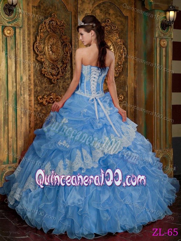 Lovely Strapless Light Blue Ruffled Dress for Sweet 16 with Pick-ups