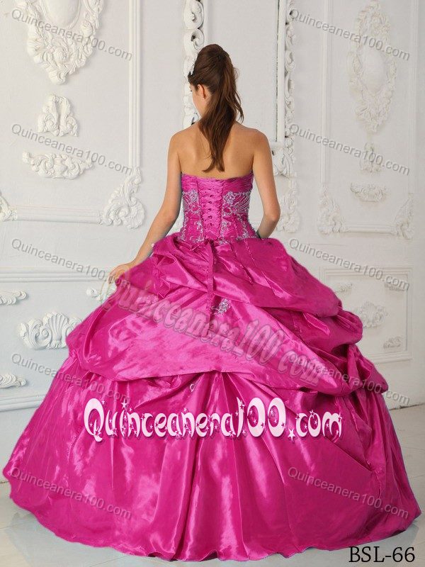 Hot Pink Sweetheart Sweet 15 Dresses with Appliques and Pick-ups