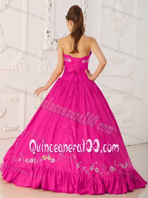 Hot Pink Ball Gown Sweetheart Sweet Sixteen Dress with Embroidery