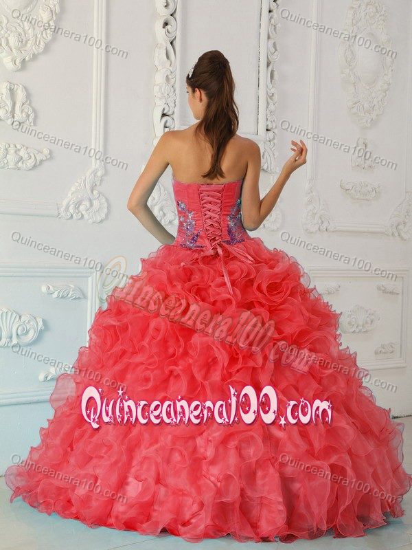 Red Strapless Ruffles Quinces Dress Satin and Organza with Appliques