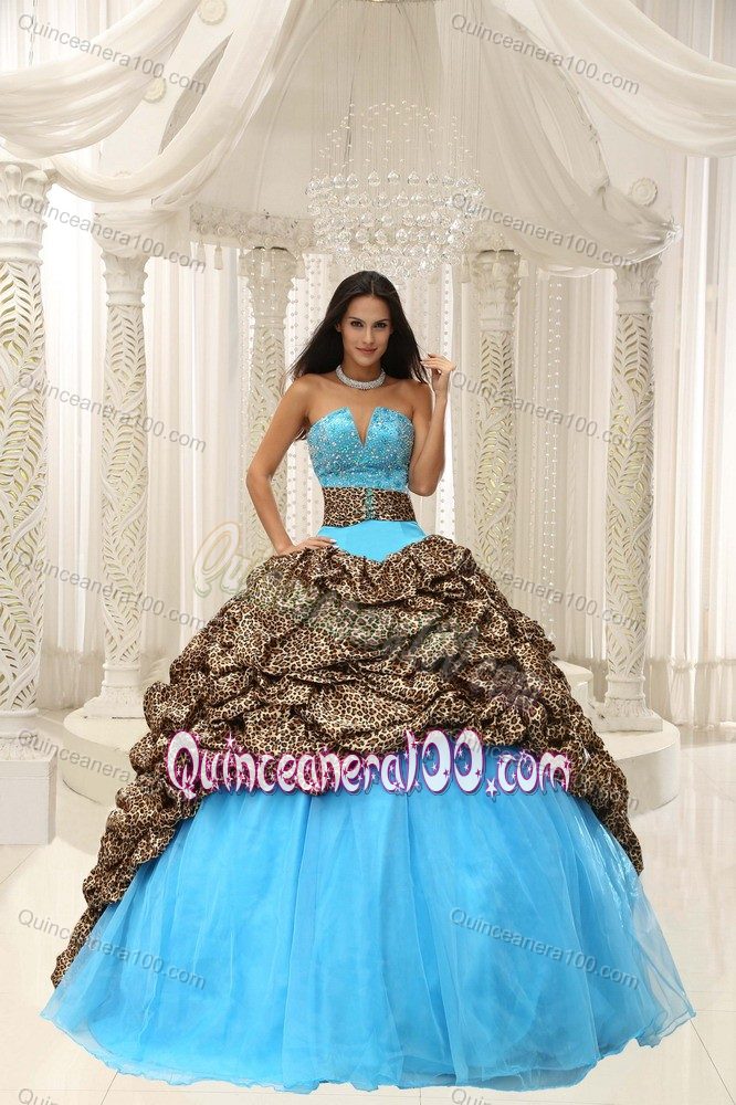 Leopard Printed Strapless Beading Dresses for a Quince in Aqua Blue