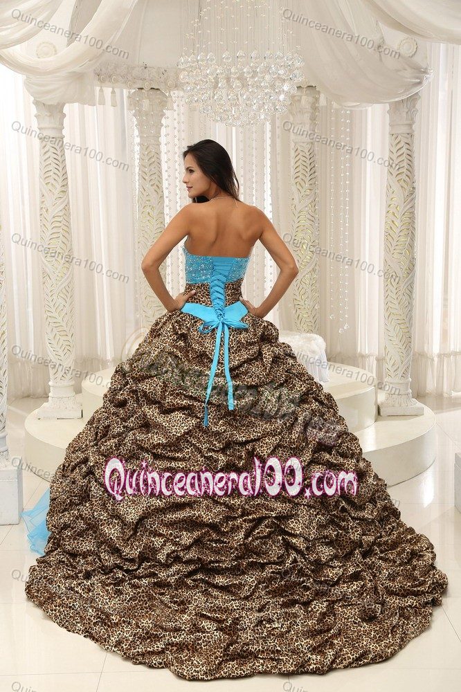Leopard Printed Strapless Beading Dresses for a Quince in Aqua Blue