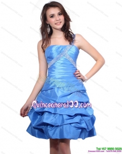 New Style One Shoulder Baby Blue Dama Dresses with Pick Ups and Beading