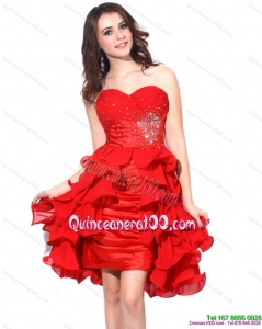 New Style Red Ruching Sweetheart Dama Dresses with Beading and Ruffles
