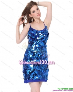 New Style Sequins Spaghetti Straps 2015 Dama Dresses in Blue