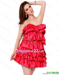 New Style 2015 Red Mini Length Dama Dresses with Ruffled Layers