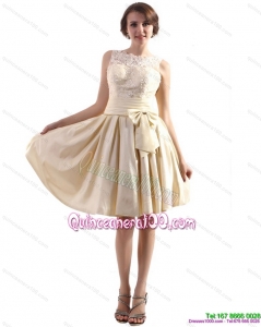 New Style High Neck Dama Dresses with Ruching and Bowknot