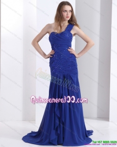 New Style 2015 One Shoulder Dama Dress with Ruching and Beading