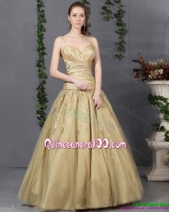 New Style 2015 Spaghetti Straps Champagne Dama Dress with Ruching and Beading