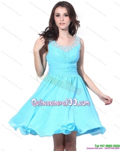New Style Beading and Ruching 2015 Dama Dress in Aqua Blue