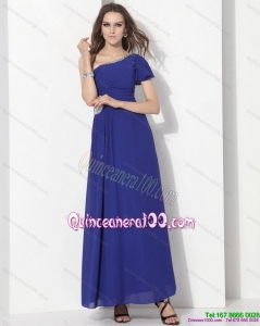 New Style One Shoulder Blue Dama Dress with Ruching and Beading
