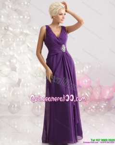 New Style V Neck Floor Length Dama Dress with Beading and Ruching