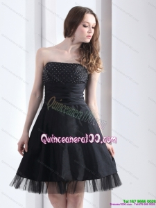 2015 New Style Strapless Black Dama Dress with Ruching and Beading