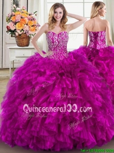 Affordable Ruffled Beaded Fuchsia Quinceanera Dress with Brush Train