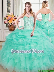 Affordable Sweetheart Organza Apple Green Quinceanera Dress with Beading and Pick Ups