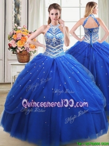 Beautiful Halter Top Beaded Decorated Royal Blue Quinceanera Dress in Tulle
