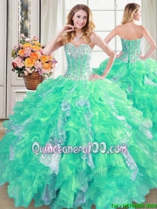Elegant Puffy Sweetheart Organza and Sequins Turquoise Quinceanera Dress with Ruffles