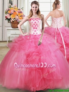 Fashionable Beaded Strapless Hot Pink Quinceanera Dress with Appliques and Ruffles