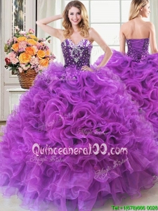 Gorgeous Sweetheart Ruffled and Beaded Organza Eggplant Purple Quinceanera Dress